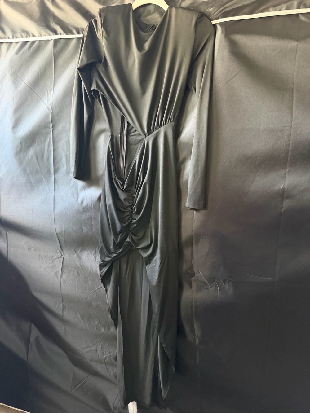 superdown Black Asymmetrical Ruched Long Sleeve Maxi Dress | Size Small